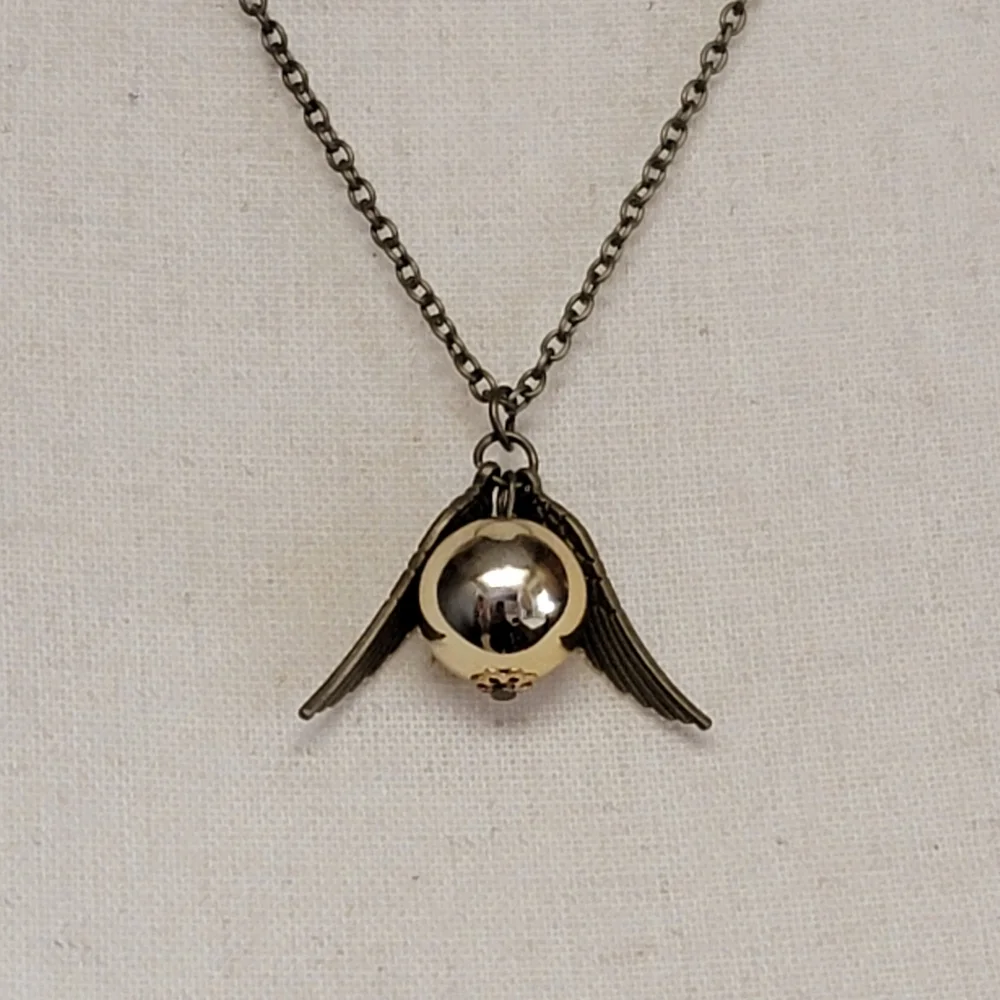 Harry Potter Golden Snitch Necklace 20" Brass Gold Tone Pendant Wings Quidditch - Picture 2 of 6